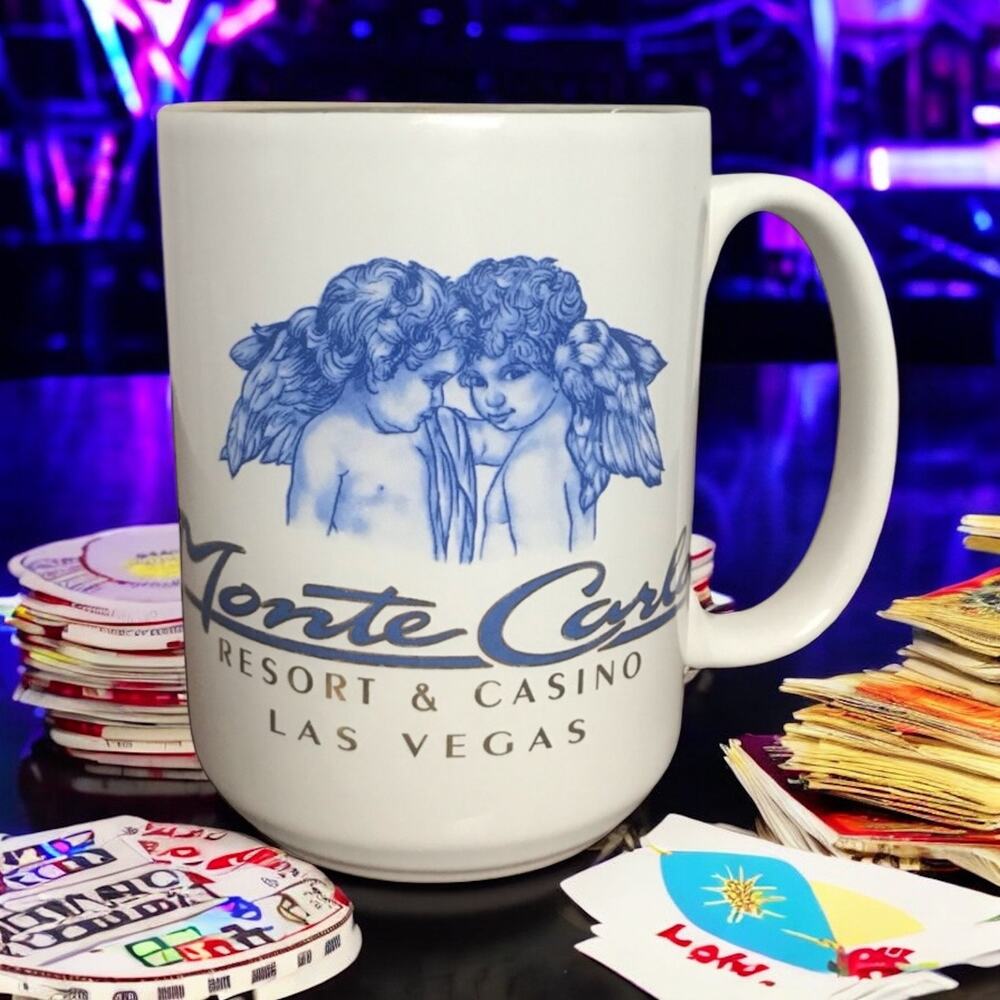 VTG Monte Carlo Casino Las Vegas Ceramic Gold Rim Blue Cherub Angel Coffee Mug